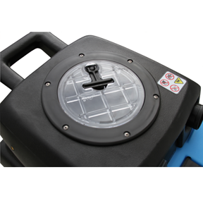 Mytee 1001DX-200 Speedster Deluxe Heated Carpet Extractor, close-up of the clear recovery tank lid