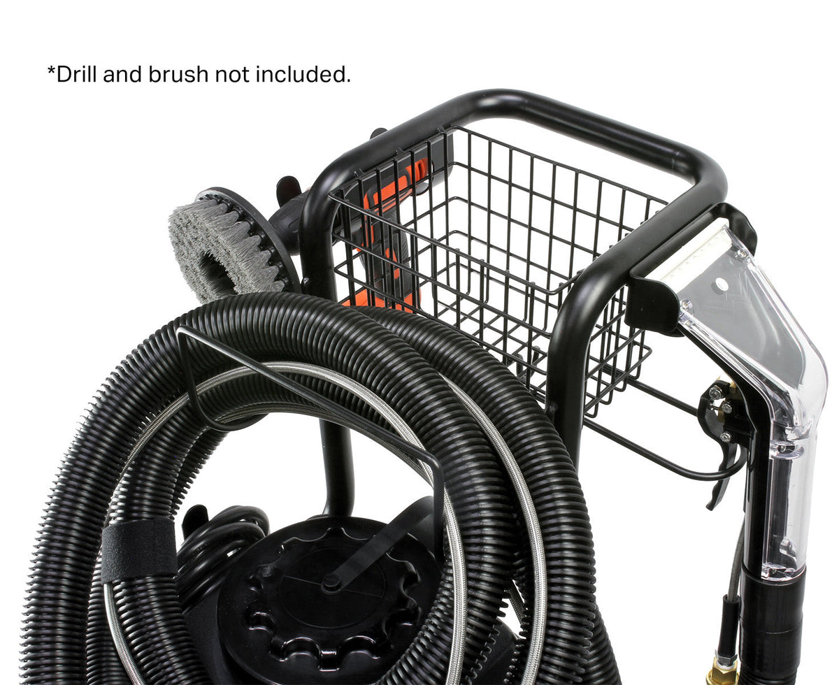 Mytee 8070 Lite Heated Detailing Extractor, close-up of the accessory basket and hose storage
