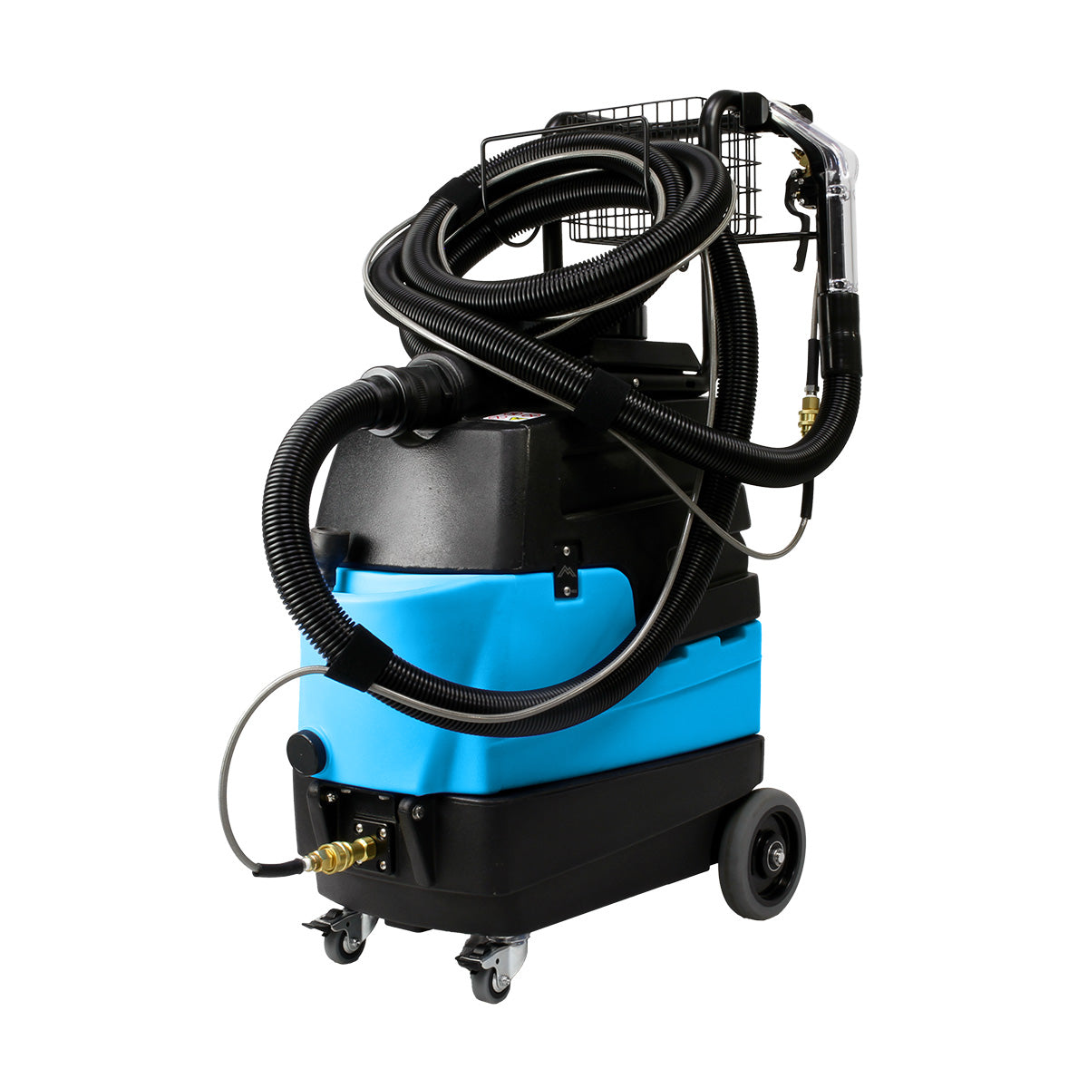 Mytee 8070 Lite Heated Detailing Extractor, front three-quarter view from the left with hose and tools attached