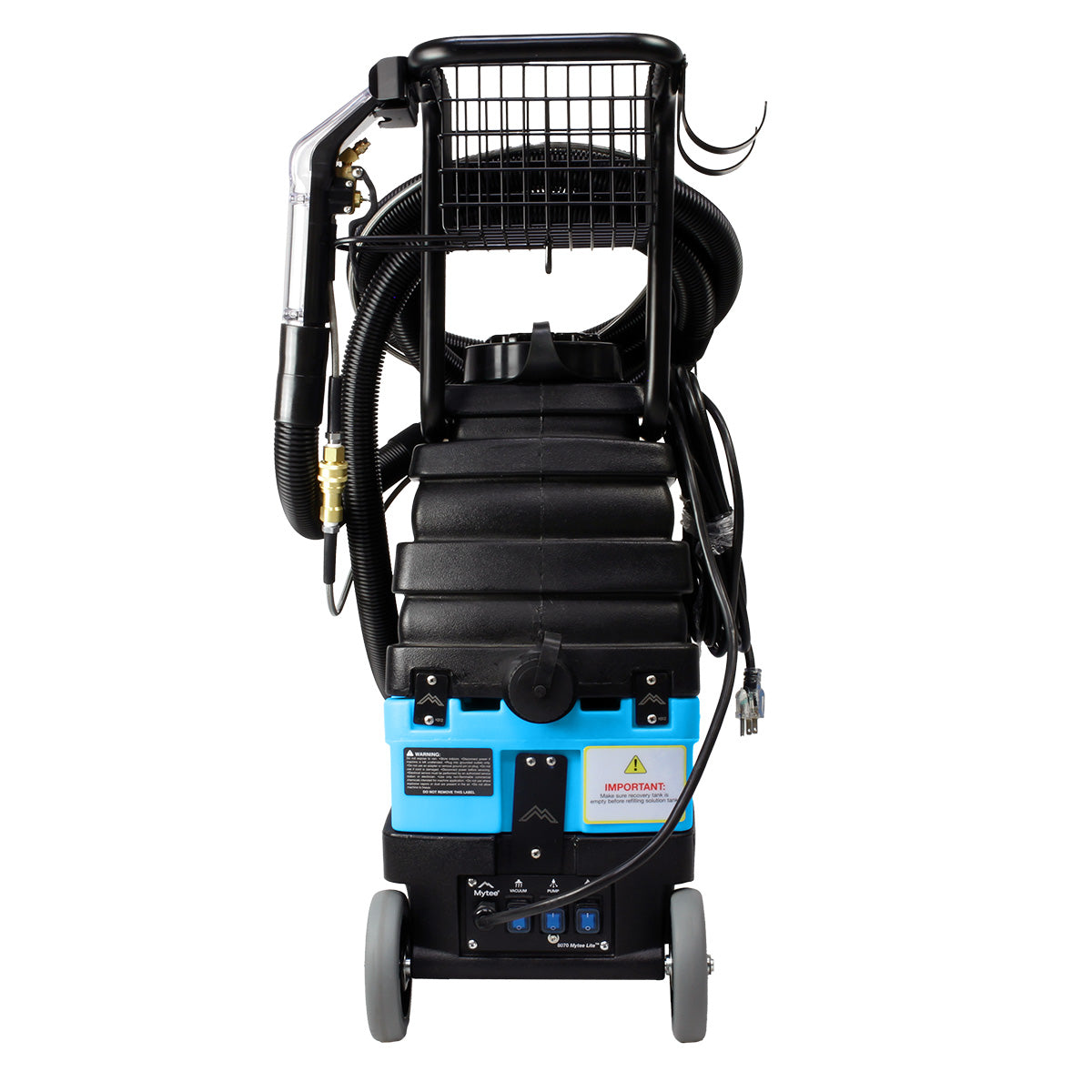 Mytee 8070 Lite Heated Detailing Extractor, rear view with hose and tools attached