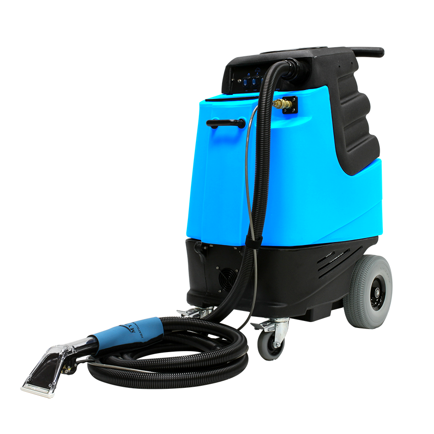 Mytee HP120 Grand Prix Heated Detail Extractor, front three-quarter view from the left with hose and tools attached