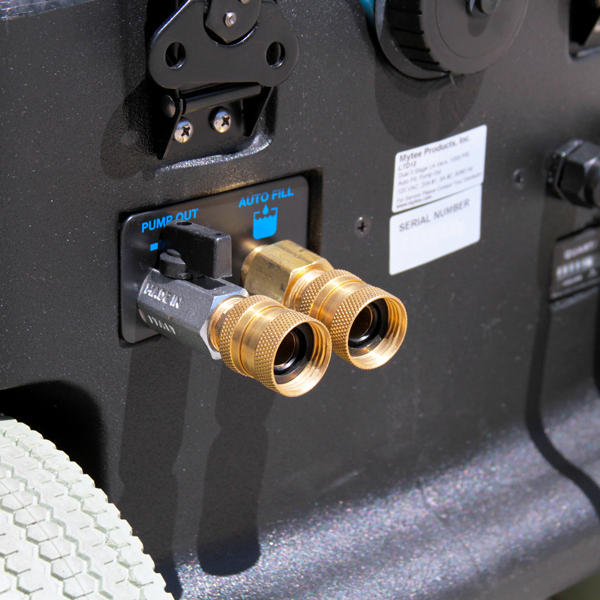 Mytee LTD3 Speedster Heated Carpet Extractor, close-up of the rear hose and power connections