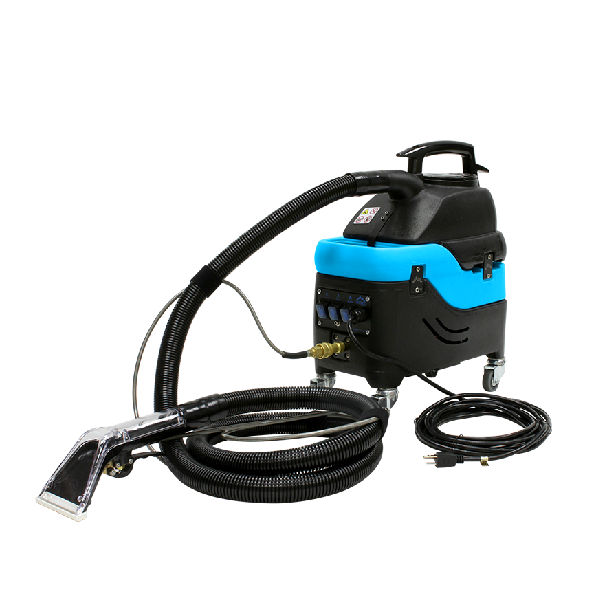 Mytee S-300H Tempo Heated Spotter Extractor, front three-quarter view from the left with hose and tools attached