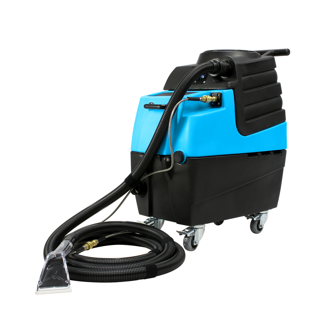 Mytee HP90 Stingray Heated Detail Extractor, front three-quarter view from the left with hose and tools attached