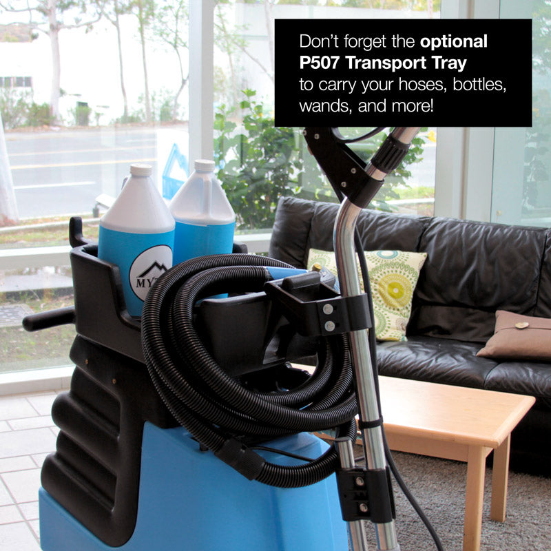 Mytee HP120 Grand Prix Heated Detail Extractor, accessory tray mounted on the machine